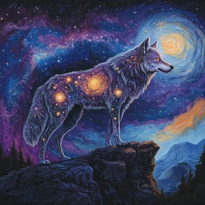 A majestic wolf standing on a rocky cliff, its fur shimmering wi...