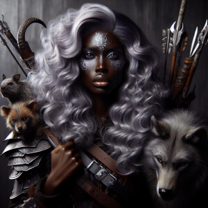 A beautiful huntress from the “Monster Hunter” series with dark...