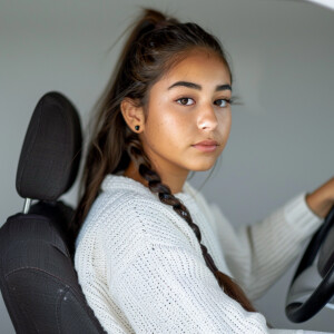 A cute Latina woman sitting in a chair

Brown ponytail 

Off gua...