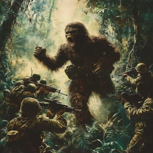 a humanoid hair coverederd sasquatch fighting 1969 us army men i...