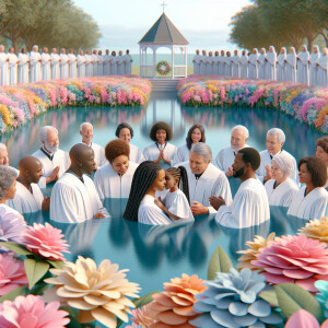 Enhance the close-up baptism scene by the serene lake with vibra...