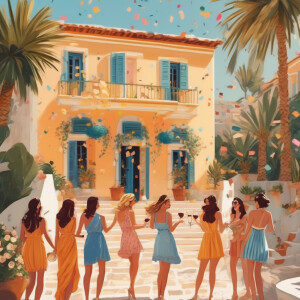 Five greek female friends, bachelorette party, in a Greek Island...