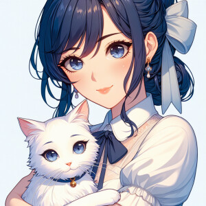 Realistic anime woman with dark blue hair and dark brown eyes. S...
