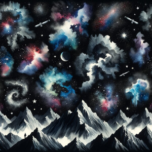 A black background with watercolor designs scattered around, sca...