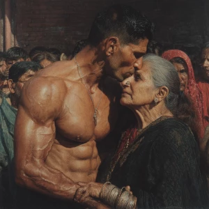 Hyperrealism photo painting. a muscular, sweaty criminal kashmir...