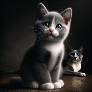 Tuxedo kitten with a pink nose, sitting elegant,  cameraangle lo...