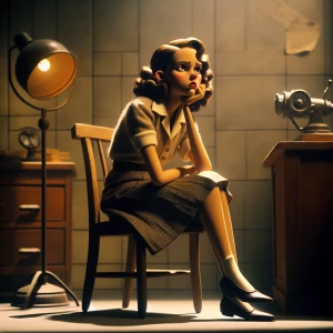 a girl sits on a chair, she's dressed like it's the 1930s and dr...