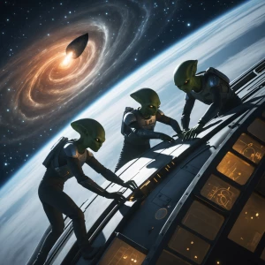 Aliens conducting an emergency repair on the hull of their space...