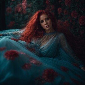40 year old woman with long red hair in see through nightgown