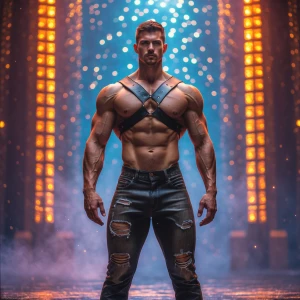 Create an image featuring a male figure with a muscular build, w...