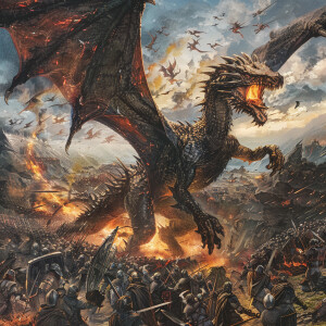 A majestic dragon soars above a chaotic battlefield, gracefully...