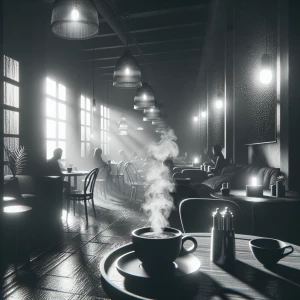 A cozy café on a rainy evening, with steam rising from coffee cu...