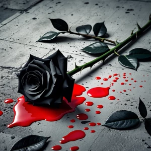 Black rose strewn onto cement and red blood fallen onto it as if...