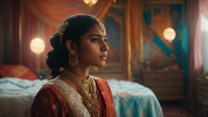 An Indian teenage girl in traditional dress white skin standing...