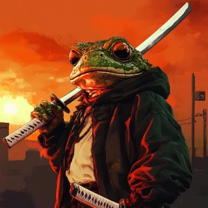 MEME PEPE in GTA art style — holding a samurai sword — highly de...