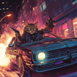A humanoid street cat in a leather jacket driving a muscle car w...