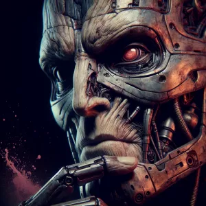 A close-up photo of The T-800's face, rendered in a surrealistic...