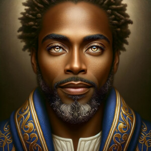 Create a beautiful African-American Jesus Christ with Hazel, brown eyes and blue and gold robe