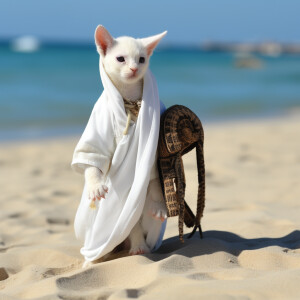 A white kitten with black eyes wearing a white Arabic Islamic ro...