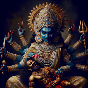 portrait of angry looking, four-armed indian goddess blue skinned sitting on a gold crown and carrying a weak mahishasur on her lap and poking his abdomen with her amazingly long red fingernails . She is wearing diamond armor, a huge diamond crown, black saree, abundant  diamond jewelry, covered in blood. The scene is set in ancient India. The image is 8K resolution, cinematic, photography, ultra detailed face and epic.