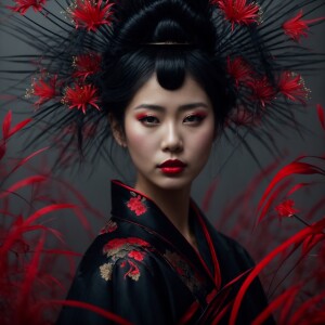 Generate an image of a sophisticated Japanese woman adorned in a...