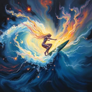 A mesmerizing otherworldly being, the supernatural pulsar surfer rides the waves of cosmic energy with grace and power. This figure is depicted in an acrylic painting, capturing the dynamic movement and ethereal beauty of the scene. The colors swirl and blend in a mesmerizing display of light and shadow, creating a mesmerizing and immersive experience for the viewer. The details are intricate and vivid, each brushstroke a testament to the artist's skill and vision. The overall composition exudes a sense of wonder and mystique, inviting the viewer to lose themselves in the unknown depths of the universe.