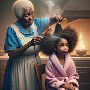 Create a realistic 3-D image of an african-American grandmother wearing a blue house dress and a white apron . She is in the kitchen with her african-American granddaughter. Her granddaughter is wearing a pink bath robe. The grandmother has a hot comb in her hand and she is straightening her granddaughters hair. One side of her granddaughters hair is in  a Afro the other straight 
There is smoke coming from the hot comb
The granddaughter is making a face as if to say grandma that hurt