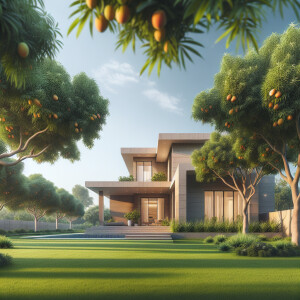 Illustrate a single-story modern mud house in Pakistan, surround...