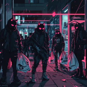 A gang of armed street cats in masks and streetwear breaking int...