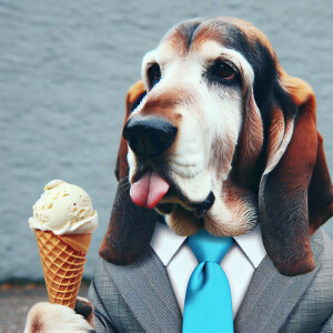 Create a picture of an old, gray Bassett hound dog wearing a sui...
