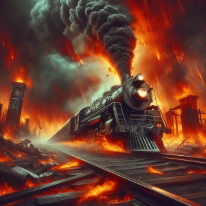 Design an image of "The Crazy Train" locomotive speeding through a hellish landscape engulfed in flames, complete with dynamic visual cues of velocity and turmoil to convey a sense of rapid, chaotic motion.