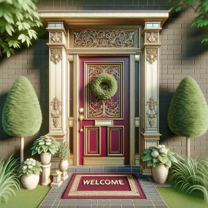 Create a 4d image of a warm and inviting front door with a welco...