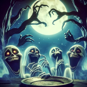 Crazy spooky scary hilarious, sharp focus, soft details.