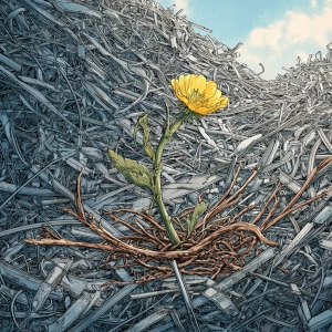 Metal debris around one small flower with green stem and yellow...