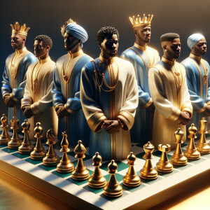 3-D realistic oil, painting,of a gold and black human chessboard...