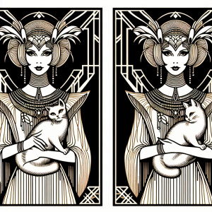 An erté type of drawing with the woman holding a cat