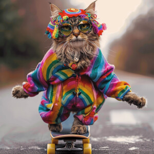 A cat skateboarding in a vibrant hippie costume adorned with rai...
