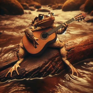 Generate an image of a toad playing guitar next to an stream.
