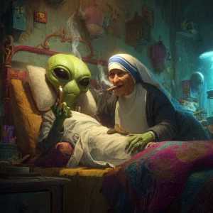 a whimsical image of an alien with vibrant green skin and large...