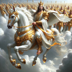 Visualize Jesus with long hair,  in a white robe accessorized wi...