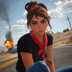 girl with brown hair, thick eyebrows, pumped up lips, potato nos...