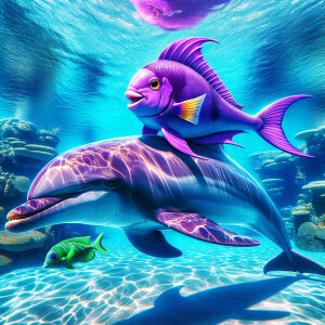 Purple and green fish riding a blue dolphin
