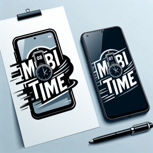 Create a realistic logo with the text "MOBI TIME" and a picture...