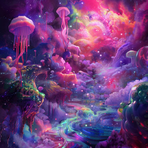 Create a vivid dreamscape scene filled with mesmerizing psychede...
