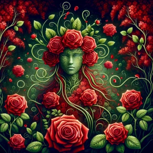 "Envision a mystical being shaped entirely from lush, crimson ro...