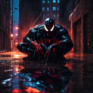 Image an image of Venom on a firescape above and Spider-Man over...