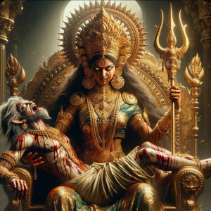 portrait of angry looking goddess durga sitting on a gold crown and carrying a weak mahishasur on her lap and stabbing him with her amazingly designed trident. She is wearing gold armor, a huge gold crown, gold saree, abundant  gold jewelry, covered in blood. The scene is set in ancient India. The image is 8K resolution, cinematic, ultra detailed face and epic.