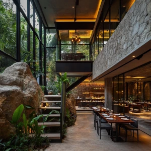 Double height ceiling
Indoor outdoor open restaurant with big st...