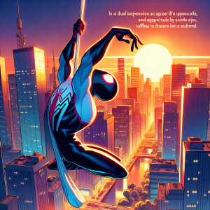 In the scene, Spider-Man swings through the city at sunset, paus...