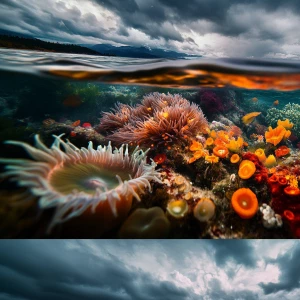 photography, underwater nature lens effect, split view, half sub...